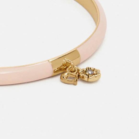 Coach Pink Tea Rose Bangle Bracelet Enamel Charm Crystal Layer Jewelry Gold - Picture 2 of 5